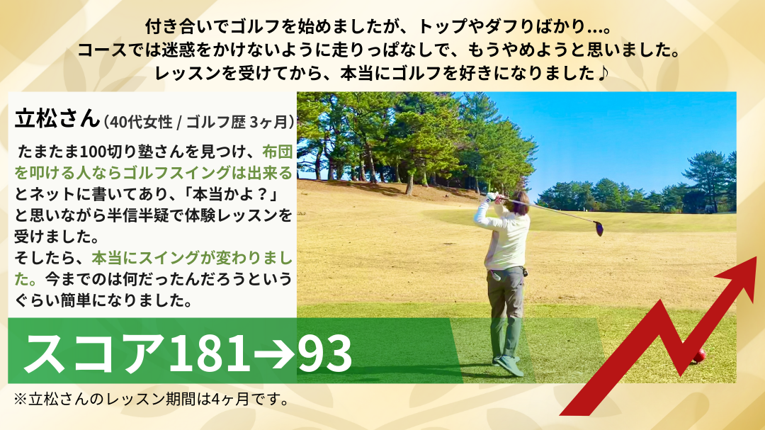 100切り塾の立松さんの声｜100切り達成に感動、スコア181から93へ改善